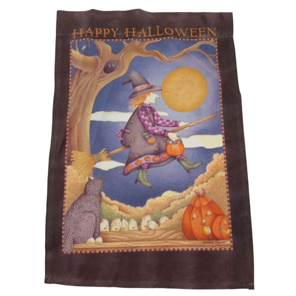 Debbie Mumm Fall Halloween Flag Witch On A Broom, Cat, Pumpkin, Moon
